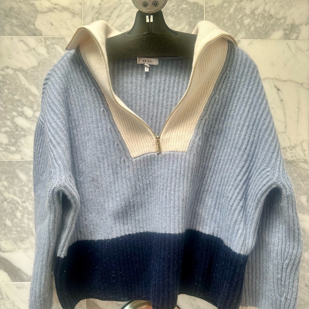Reiss Blue and Cream V-Neck Sweater